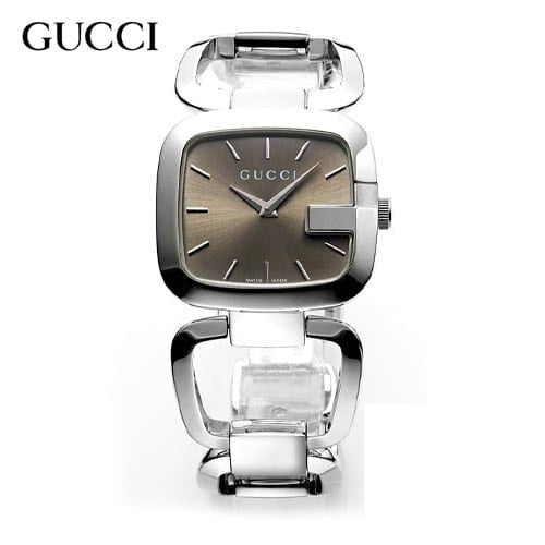 Gucci G brown square dial watch with silver steel case and chain link bracelet