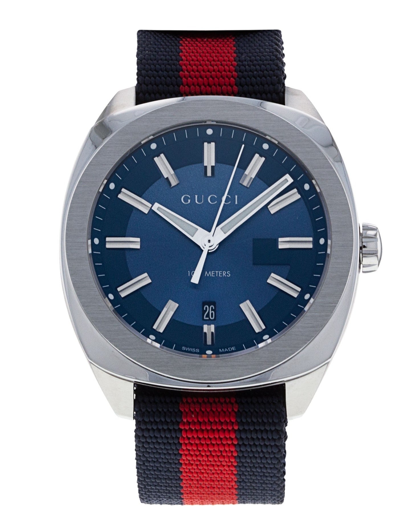 Gucci GG2570 dial close-up showing applied markers, Gucci text, and 100 meters marking