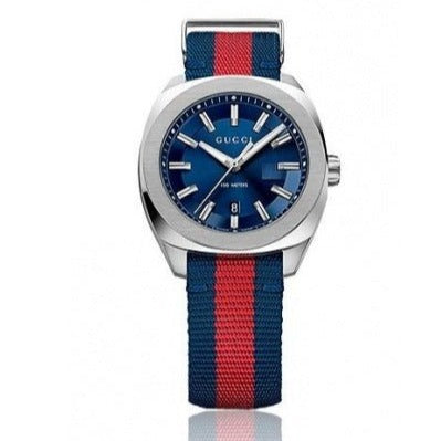Gucci GG2570 watch on wrist with blue dial and navy-red striped strap