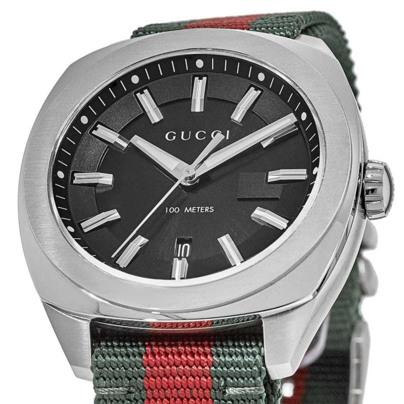 Gucci GG2570 YA142305 stainless steel case with black dial and green-red strap