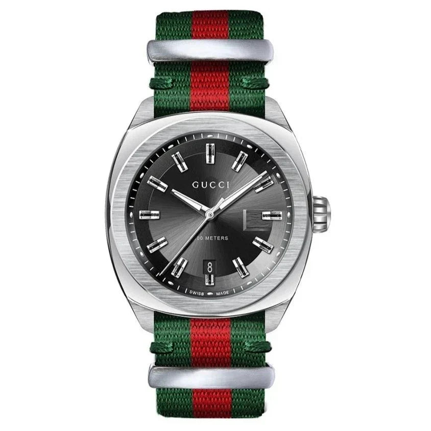 Gucci GG2570 YA142305 men's watch with green-red striped strap, top-down view