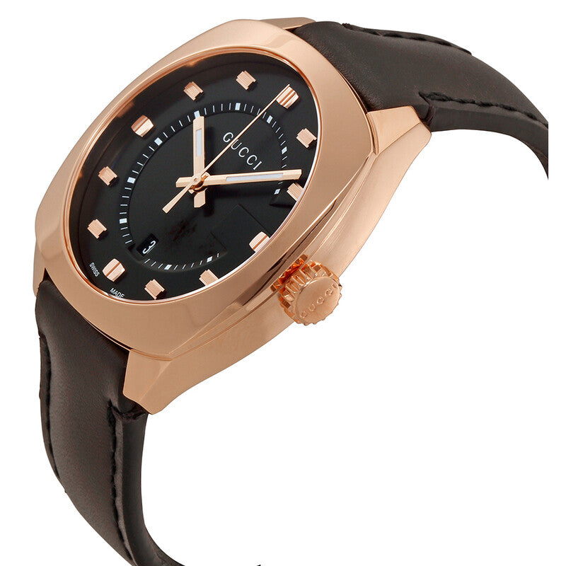 Gucci GG2570 rose gold-tone watch with black dial displayed at an angle showing case profile and crown