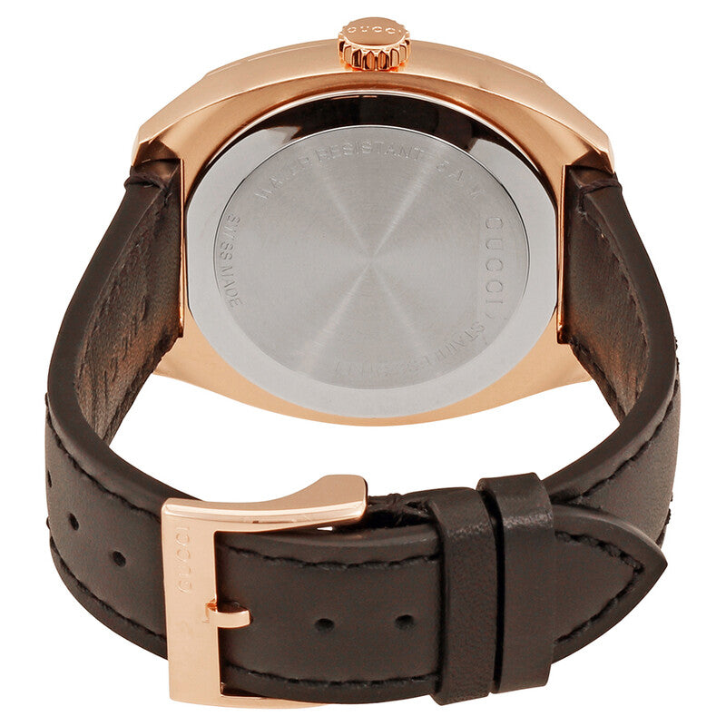 Gucci GG2570 watch caseback showing rose gold case with black leather strap and buckle fastening