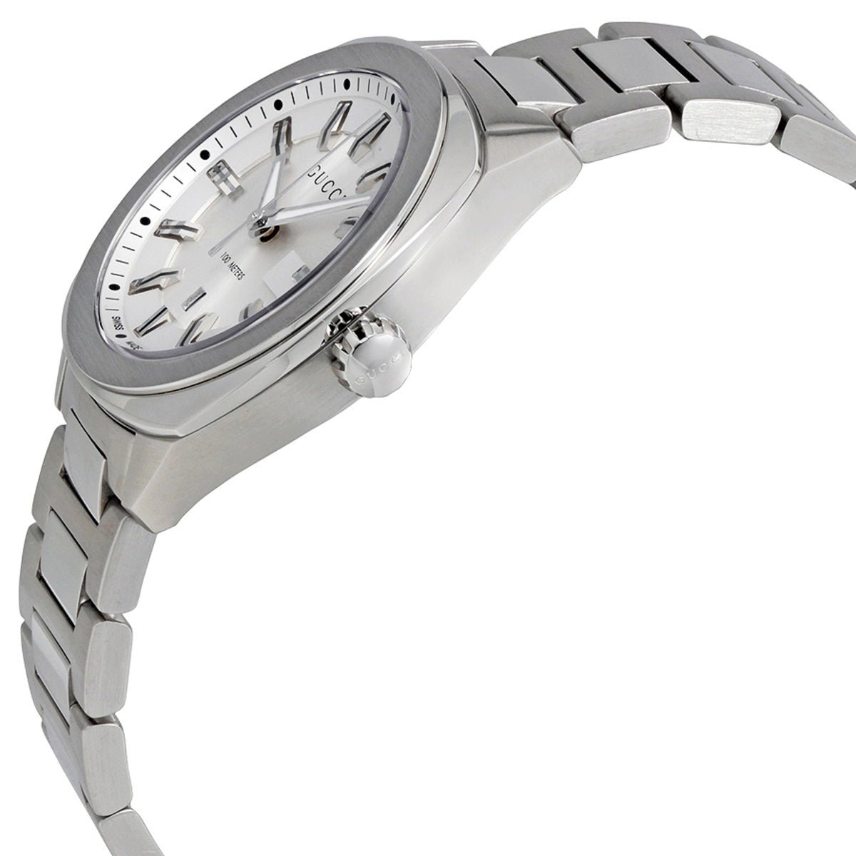 Gucci GG2570 watch side angle view showing silver stainless steel case and bracelet