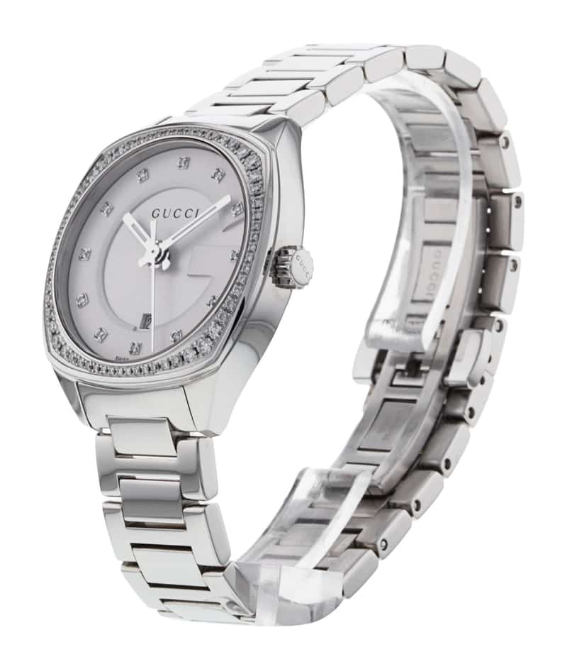 Gucci GG2570 watch angled view showing silver steel bracelet and diamond bezel detail