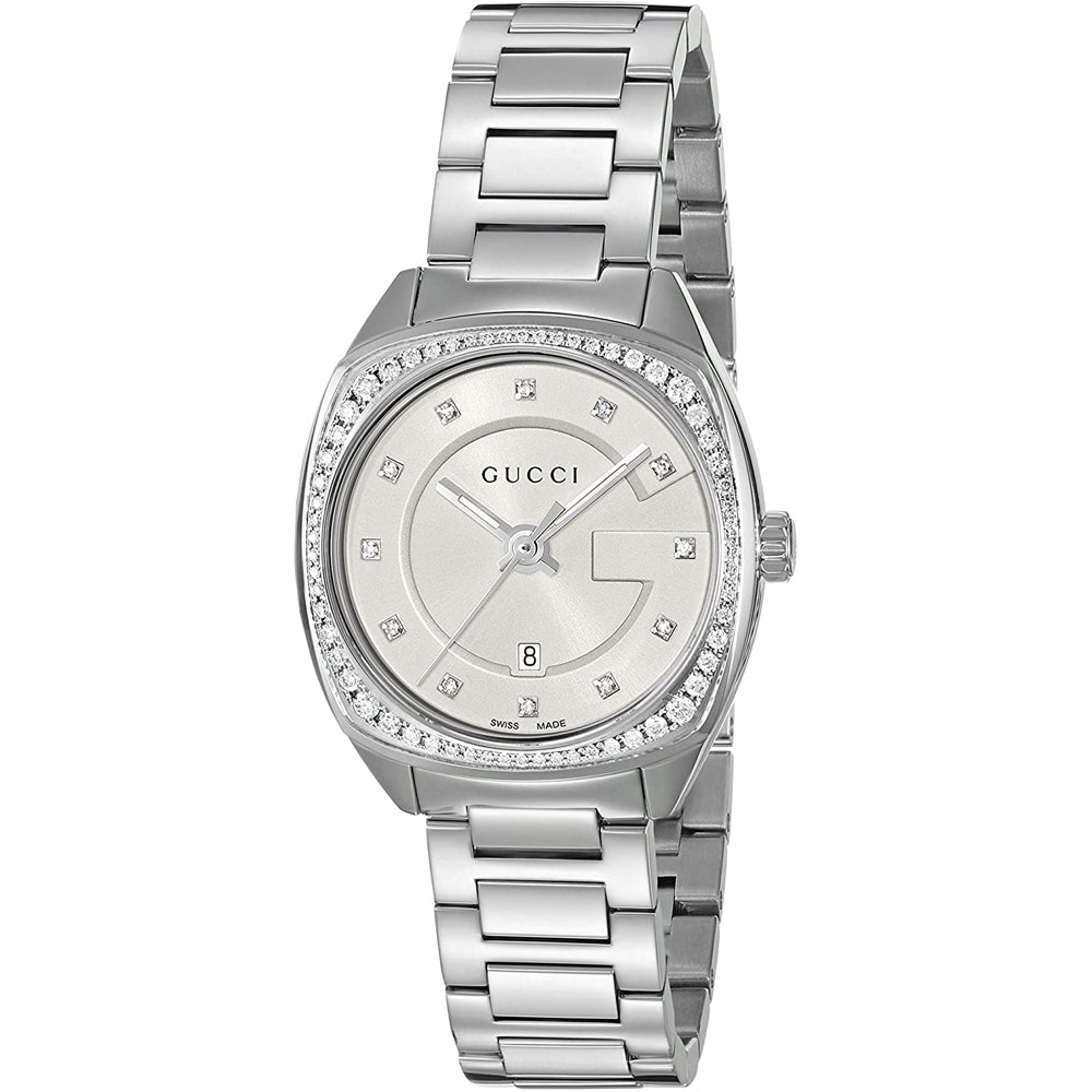 Gucci GG2570 women's watch with silver dial, diamond bezel, and silver steel bracelet