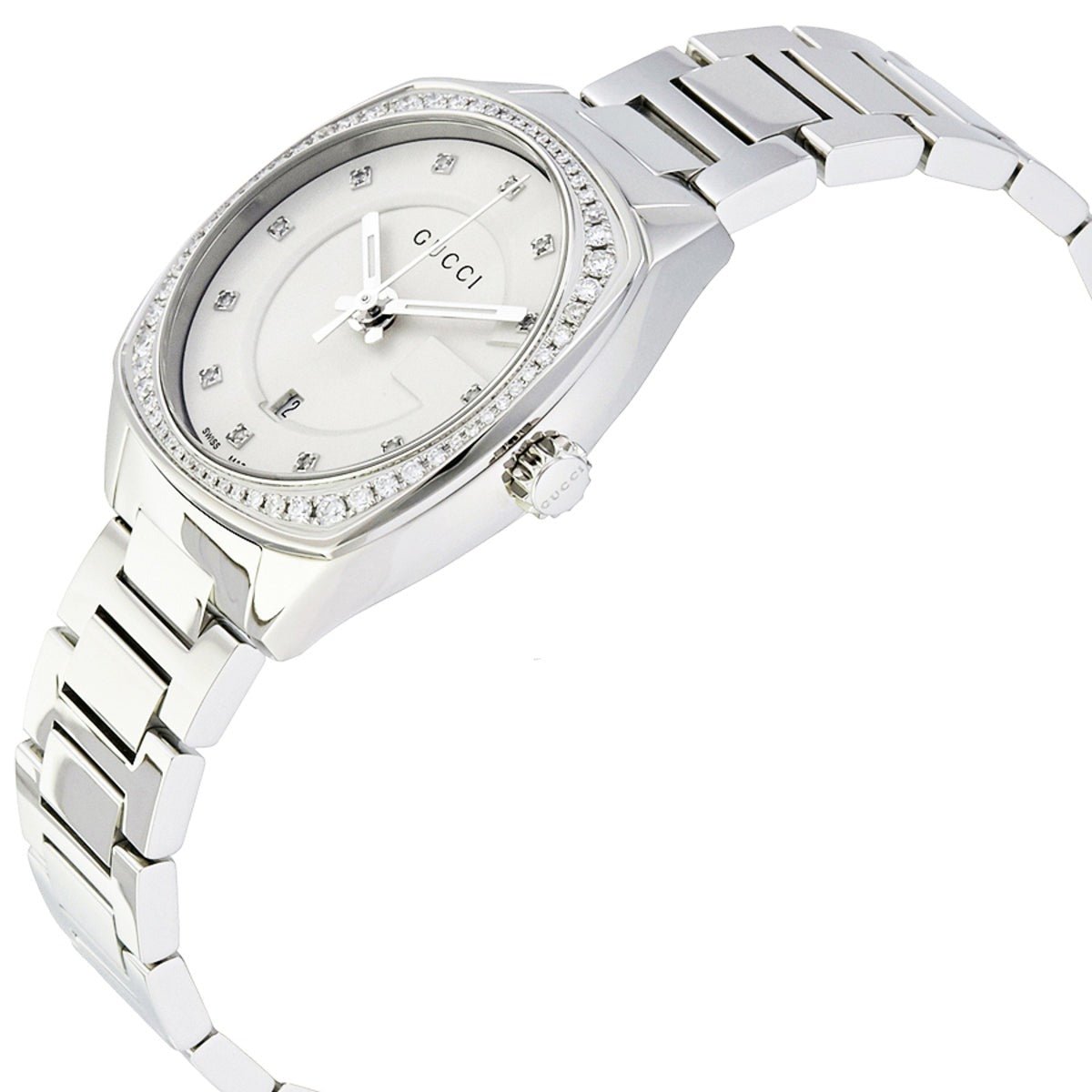 Gucci GG2570 women's watch with silver dial and diamond-set bezel detail
