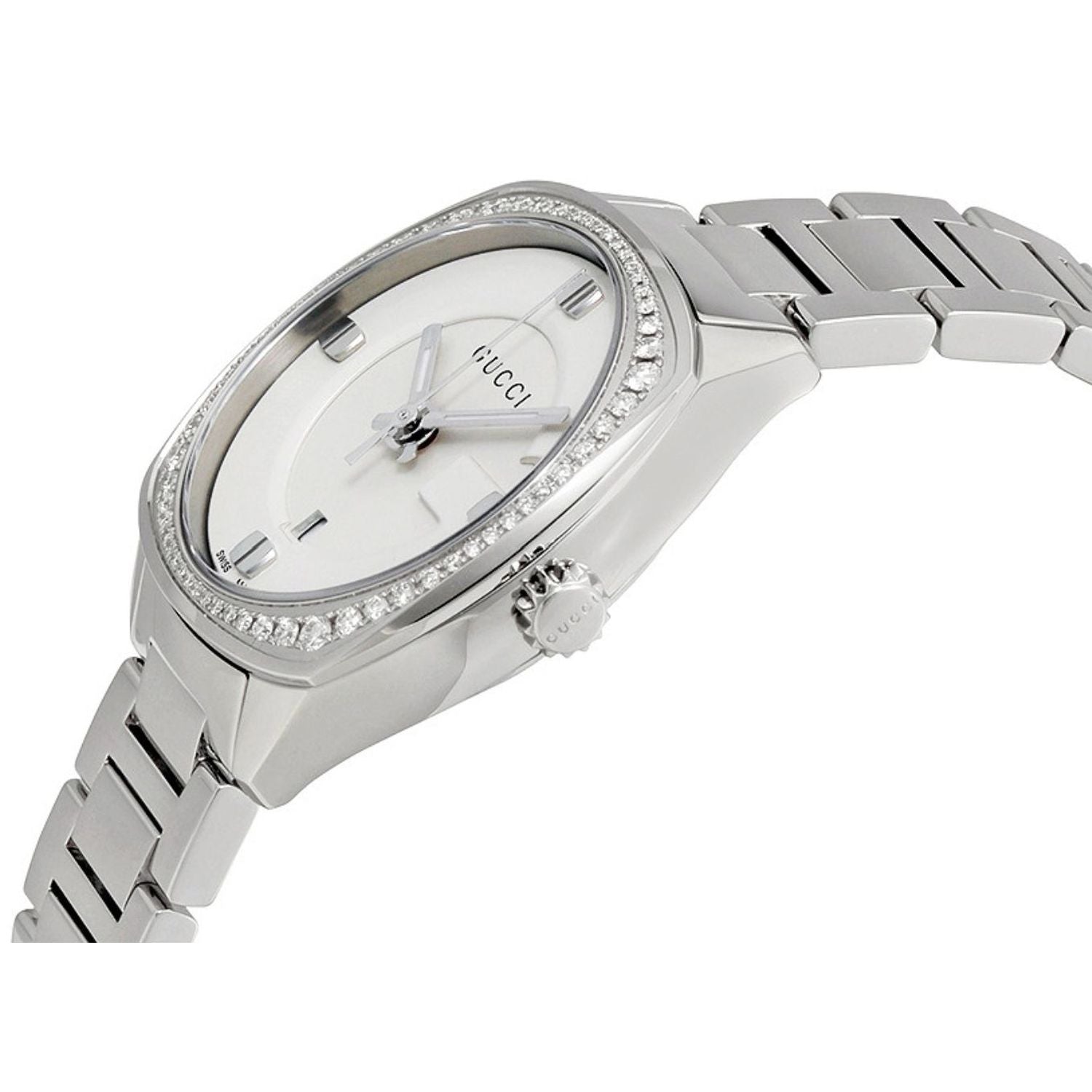 Gucci GG2570 side profile showing case, crown, and silver steel bracelet