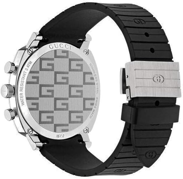 Gucci Grip watch caseback showing GG logo pattern and stainless steel bracket with black rubber strap