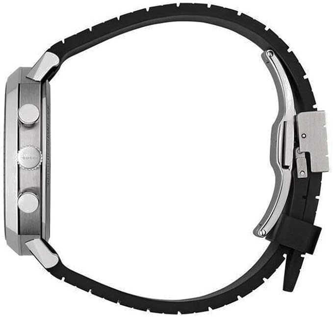 Side view of Gucci Grip chronograph watch with chronograph pushers and black rubber strap