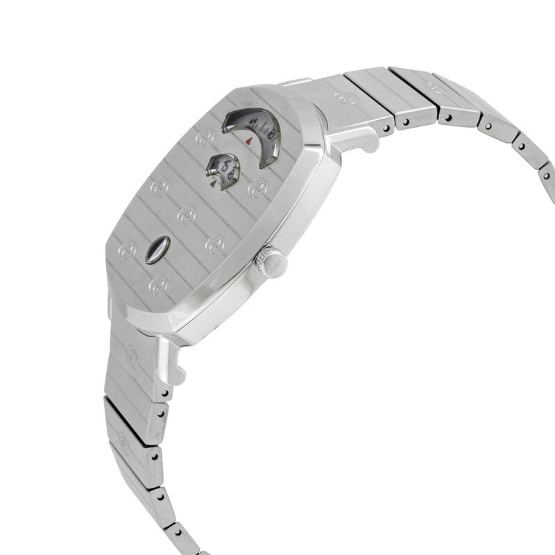 Gucci Grip watch shown at angle displaying case and stainless steel bracelet