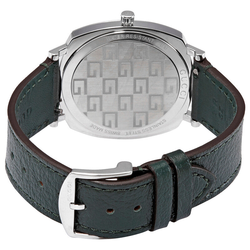 Gucci Grip watch caseback with Gucci pattern and green leather strap with buckle