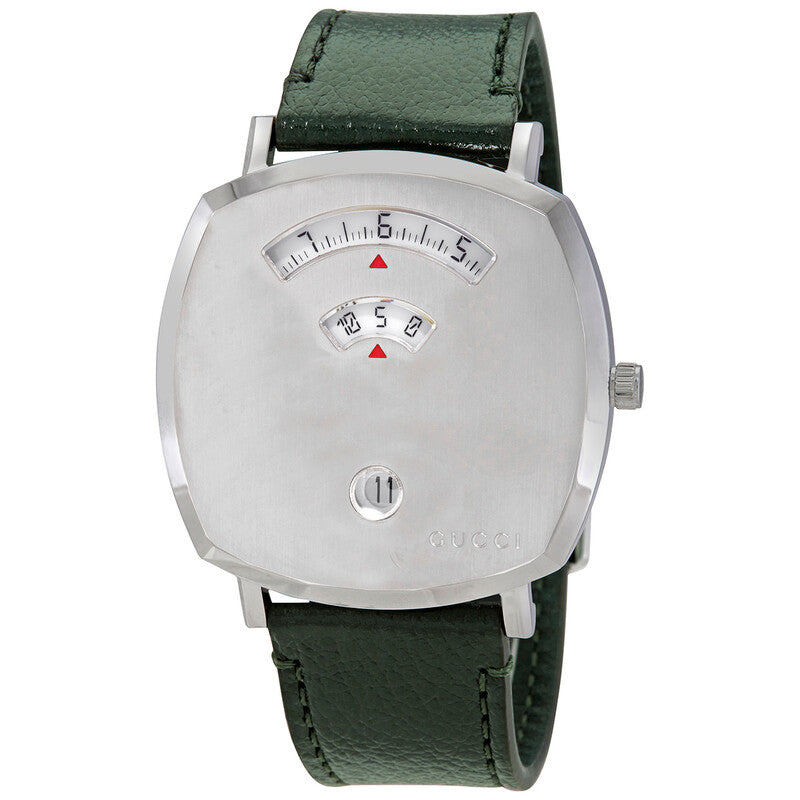 Gucci Grip unisex watch with silver dial and green leather strap