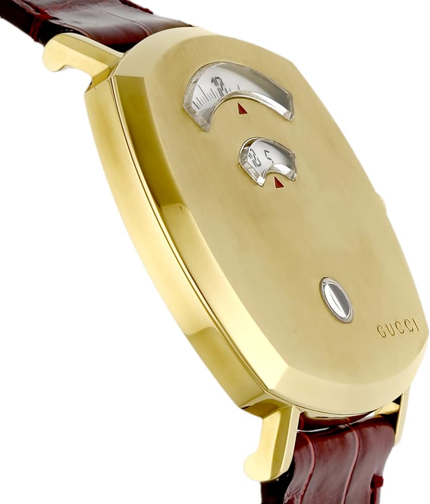 Side angle view of Gucci Grip watch showing gold case and burgundy leather strap