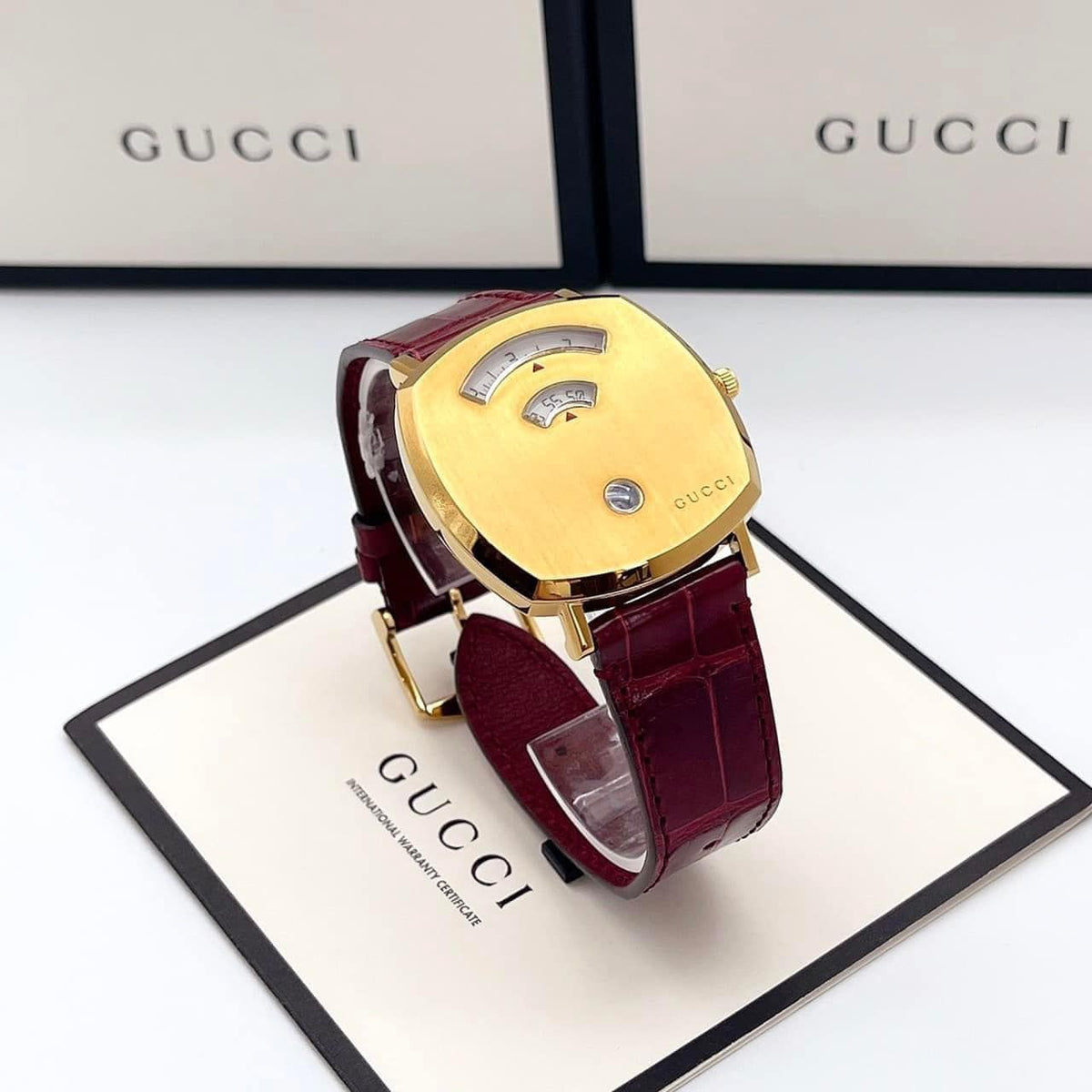 Gucci Grip YA157413 watch displayed in Gucci branded presentation box