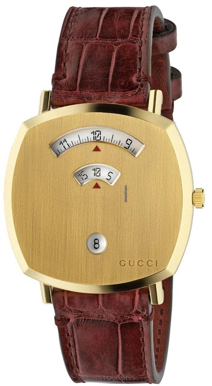Gucci Grip YA157413 watch with gold case, grid dial, and burgundy crocodile-embossed leather strap