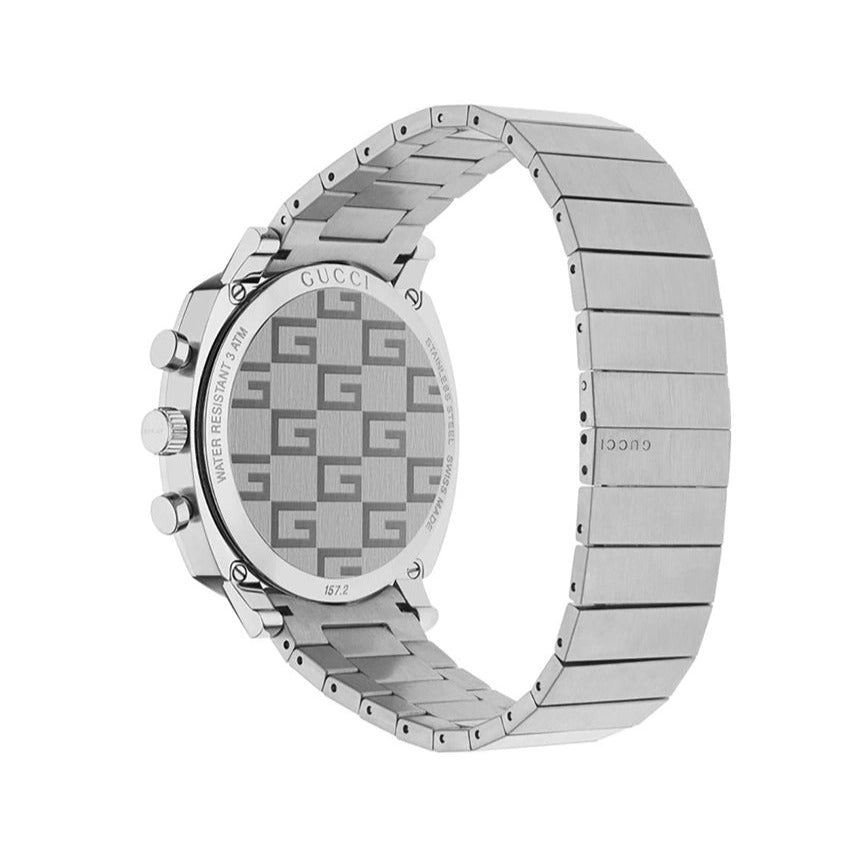 Gucci Grip watch back view showing steel bracelet and gray GG monogram dial