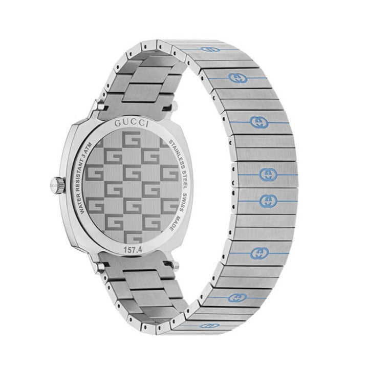 Side view of Gucci Grip watch with silver steel strap and white case