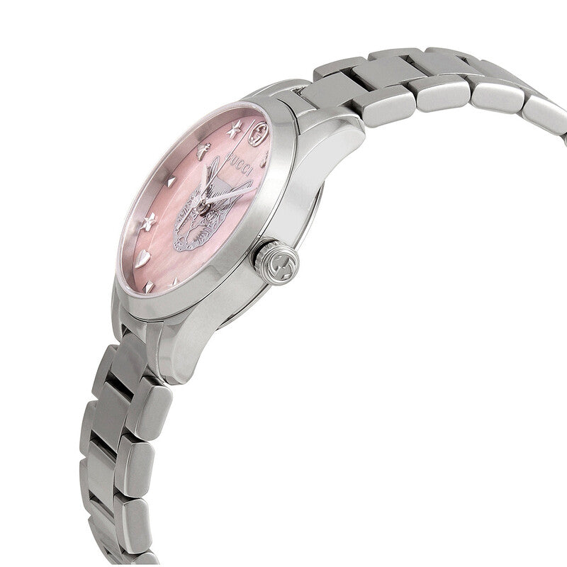 Side profile of G-Timeless watch showing pink dial and stainless steel bracelet