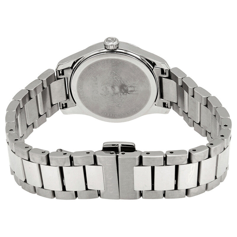 Back view of G-Timeless watch showing stainless steel caseback and bracelet clasp