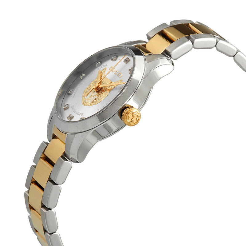 Side angle view of G-Timeless watch showing two-tone stainless steel and yellow gold bracelet