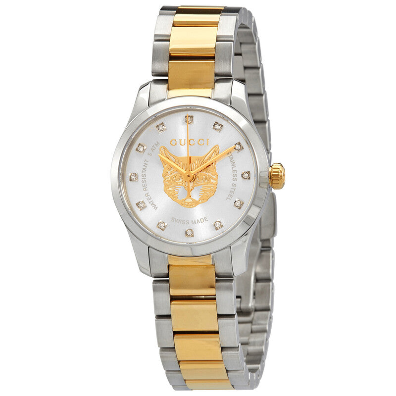 G-Timeless 29mm quartz watch with two-tone bracelet, silver dial, diamond hour markers, and gold bee motif
