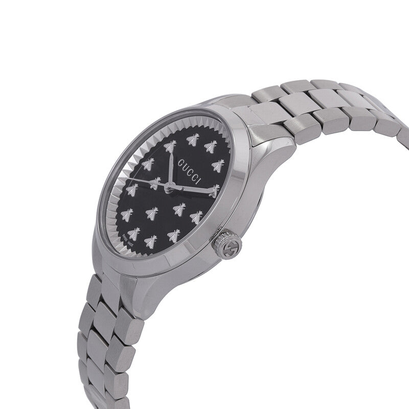Side angle view of Gucci G-Timeless watch showing stainless steel bracelet