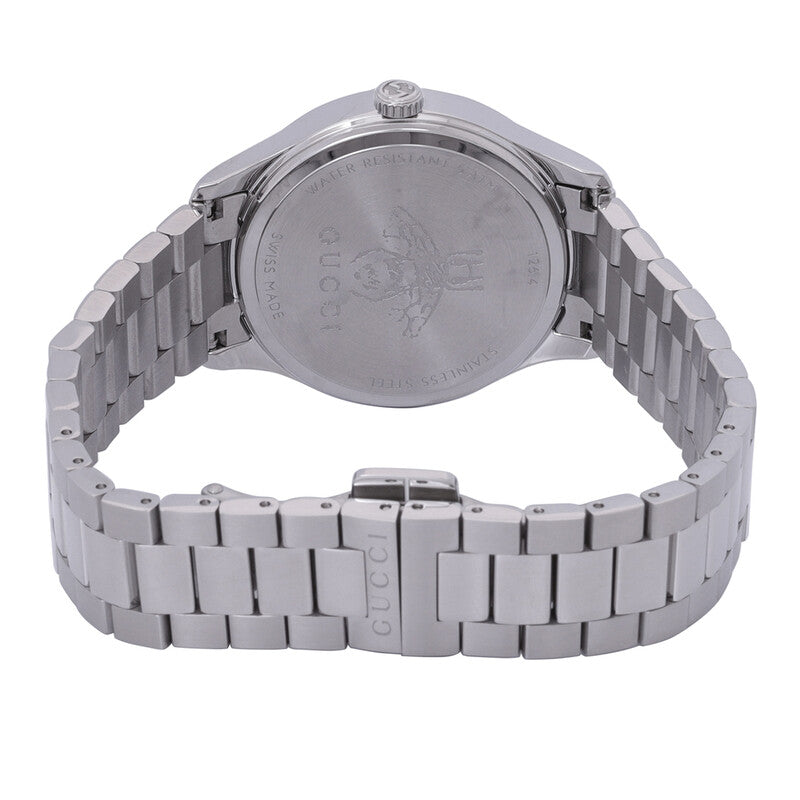 Caseback view of Gucci G-Timeless watch with stainless steel bracelet