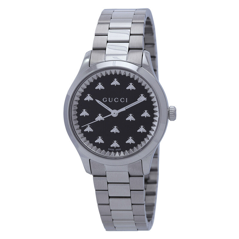 Gucci G-Timeless 32mm watch with black dial and bee motif on stainless steel bracelet