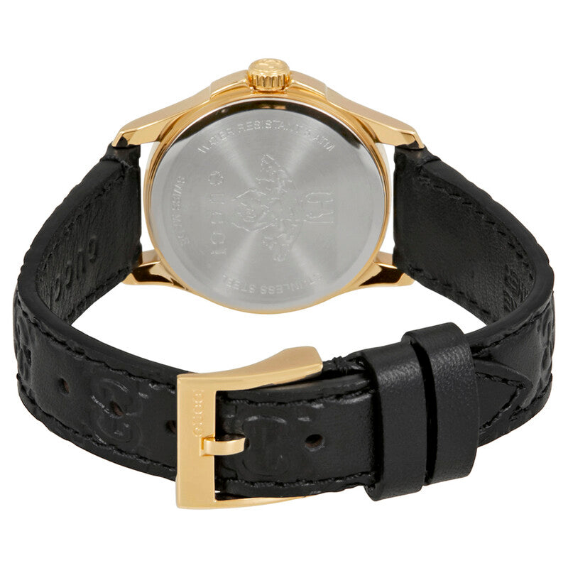 Gucci G-Timeless watch showing caseback with gold-tone case and black leather strap with buckle
