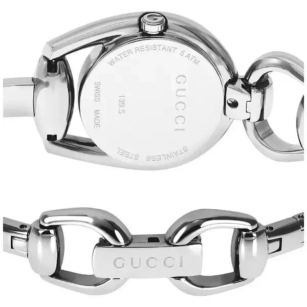 Gucci Horsebit watch caseback and strap details showing water resistant 5ATM specification