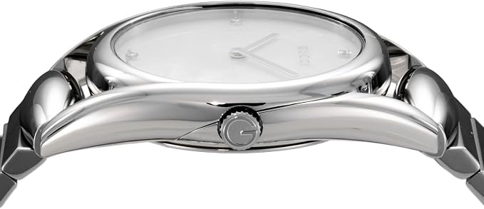 Side profile of Gucci Horsebit watch showing case depth and stainless steel bracelet