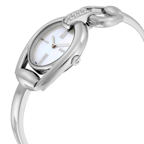 Gucci Horsebit Small watch side view showing mother of pearl dial and stainless steel case