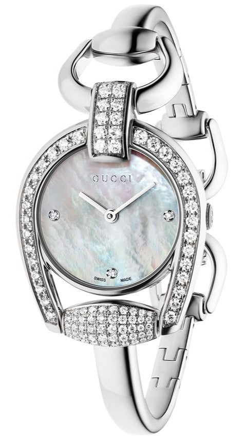 Gucci Horsebit Mother of Pearl Diamond Dial Ladies Bangle Watch YA139505