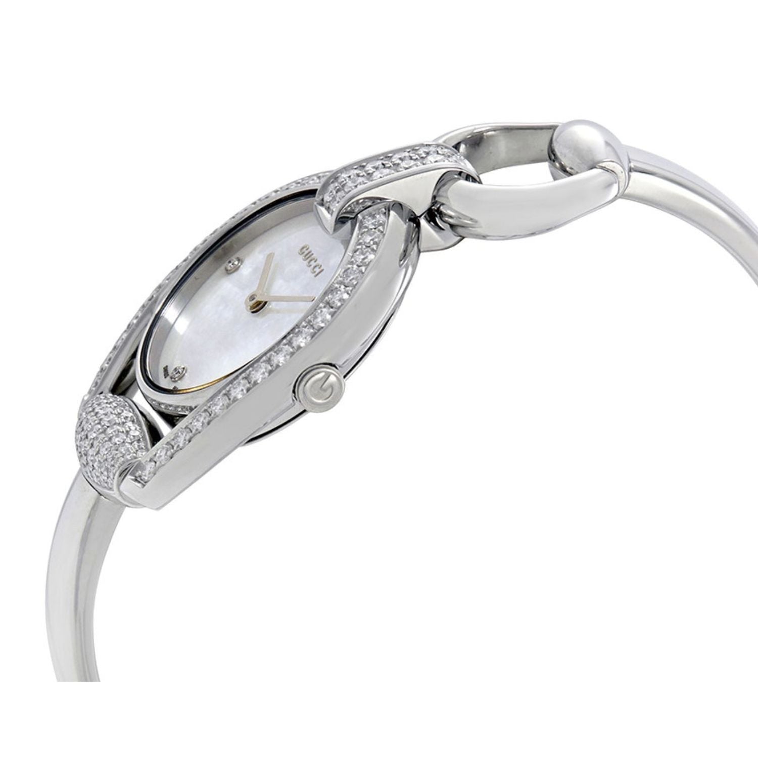 Gucci Horsebit Mother of Pearl Diamond Dial Ladies Bangle Watch YA139505