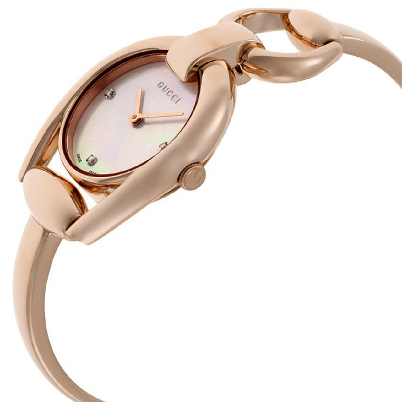 Gucci Horsebit women's watch angled view showing rose gold bangle bracelet and MOP dial