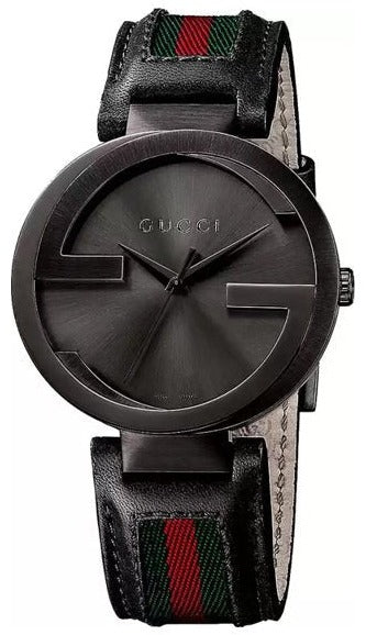 Gucci Interlocking G black dial men's watch with black leather strap and red-green stripe