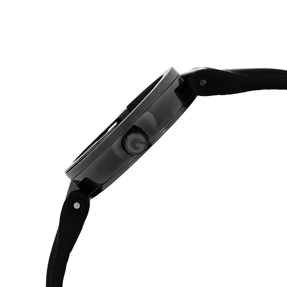 Side profile of Gucci Interlocking G watch showing case and black strap
