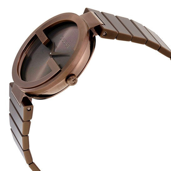 Side profile of Gucci Interlocking G brown PVD watch case and bracelet