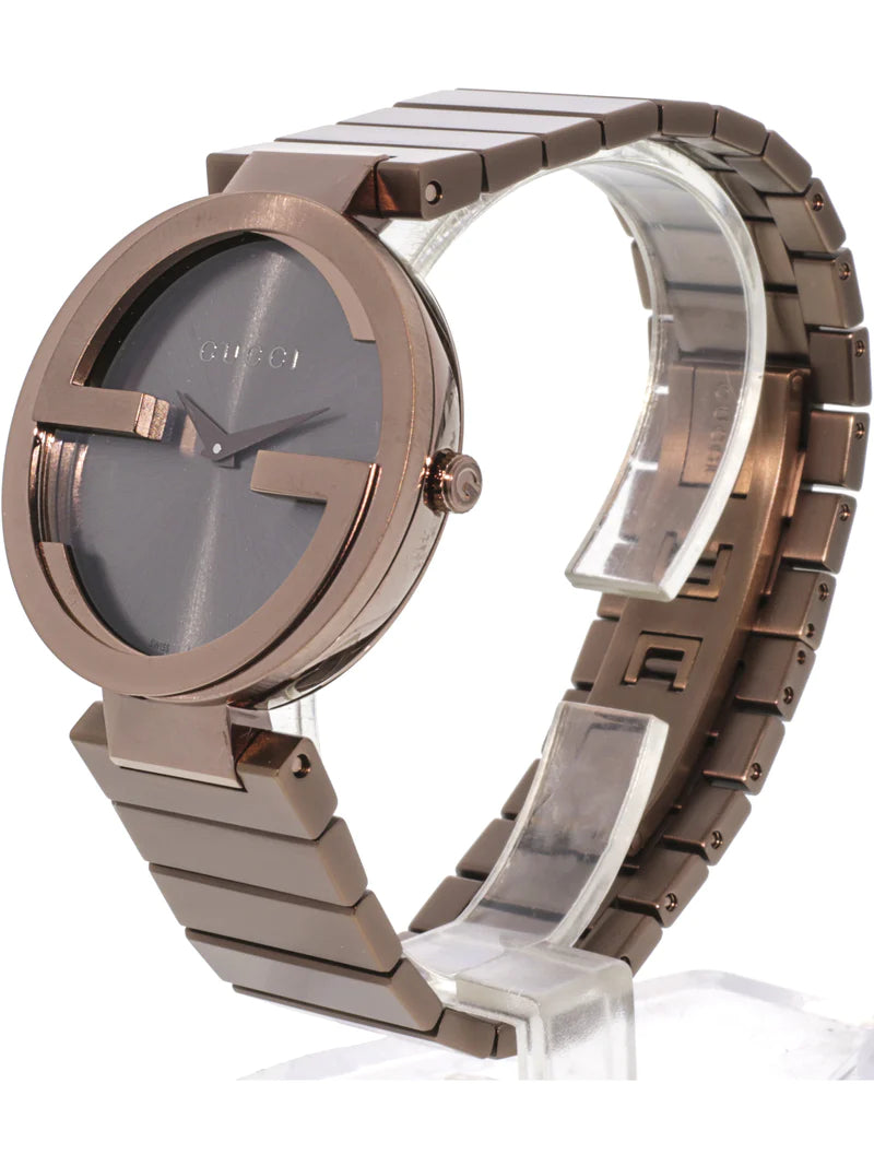 Side view of Gucci Interlocking G brown PVD watch with link bracelet