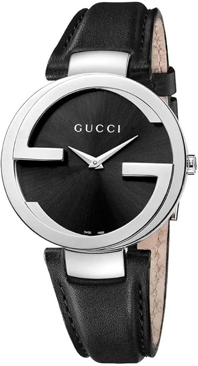 Gucci women's watch with black dial, interlocking logo design, stainless steel case, and black leather band