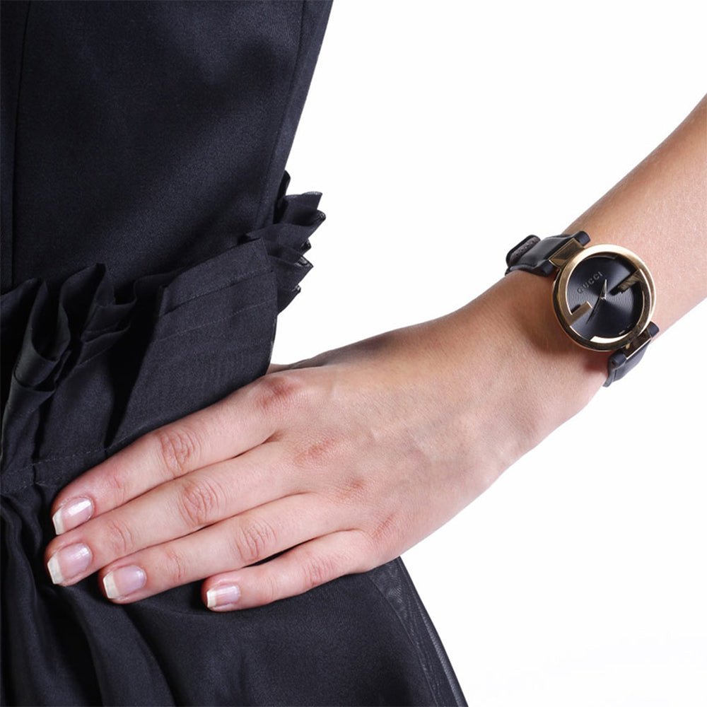 Gucci Interlocking Black Dial Black Leather Unisex Watch YA133326