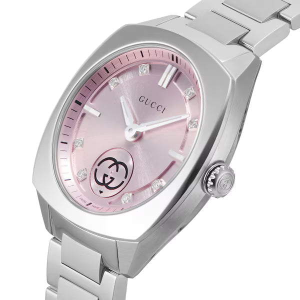 Gucci Interlocking ladies watch with pink dial, diamond hour markers, and stainless steel strap