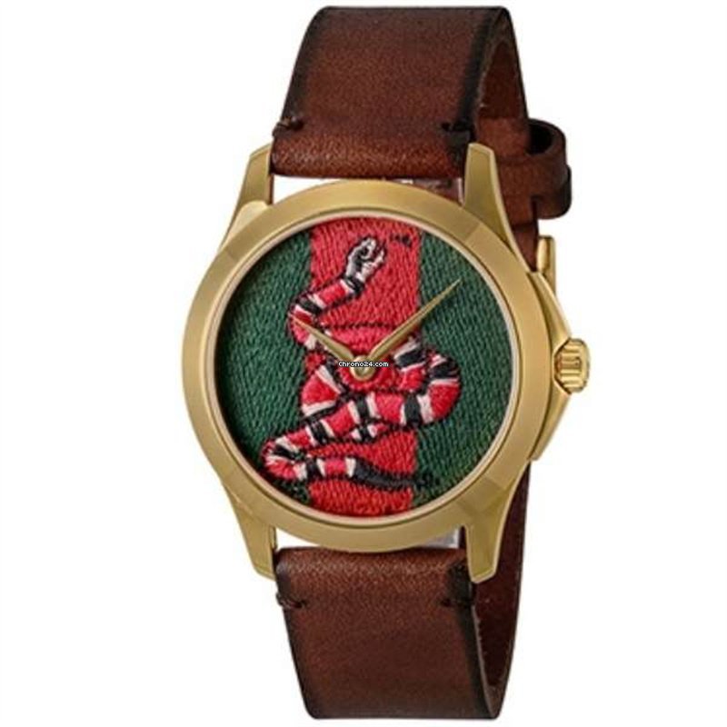 Gucci snake embroidered watch with gold plated case and brown leather band
