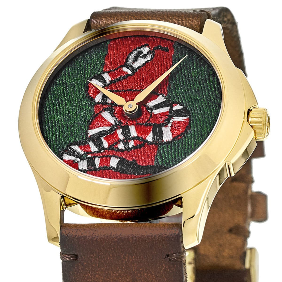 Side profile of Gucci Le Marche Des Merveilles watch showing case and brown strap