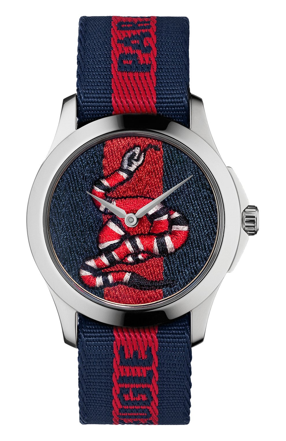 Gucci Le Marche Des Merveilles watch front view with striped nylon strap and serpent embroidery