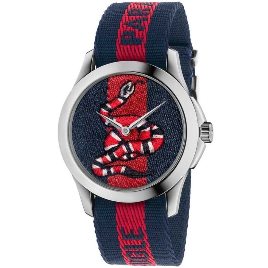 Gucci Le Marche Des Merveilles unisex watch front with embroidered serpent on striped strap