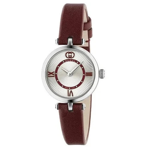 Gucci Model 2000 women's watch with burgundy leather strap and silver-tone case on white background