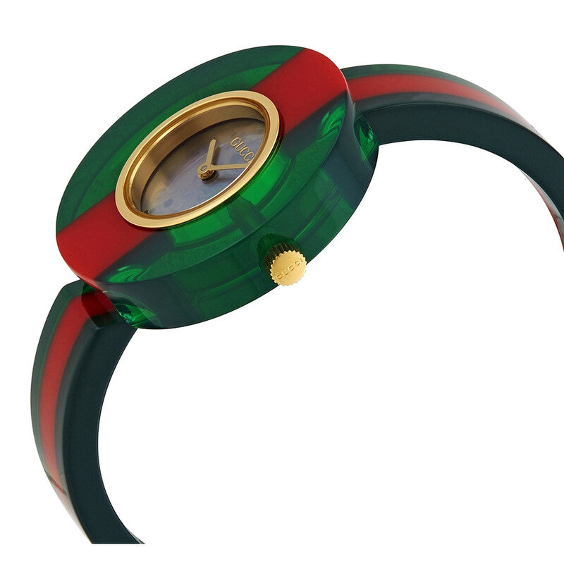 Side angle view of Gucci Vintage Web watch showing gold crown and red-green web strap design