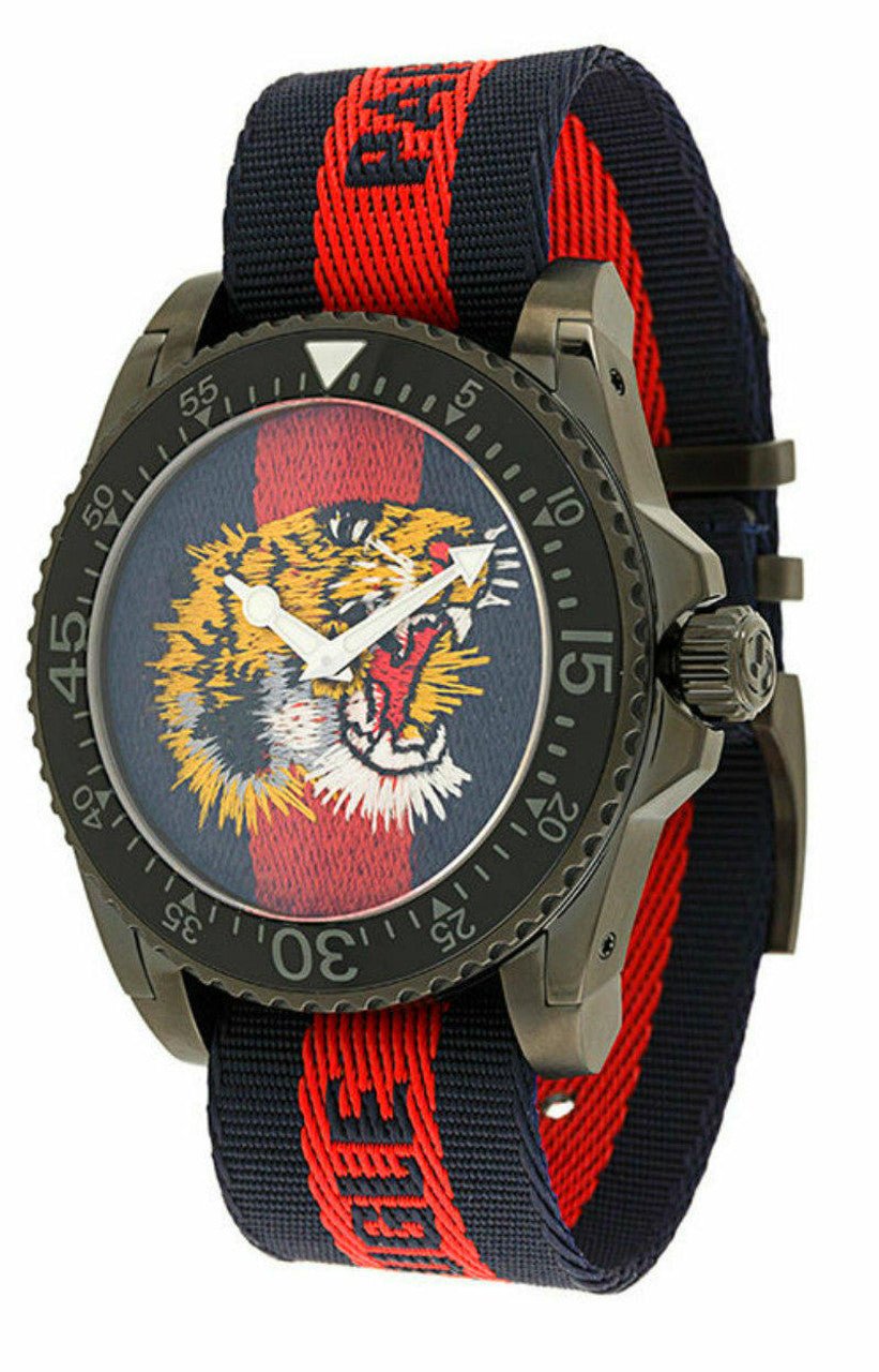Gucci Dive Blue Red Web Dial Tiger Embroidery Men's Watch YA136215